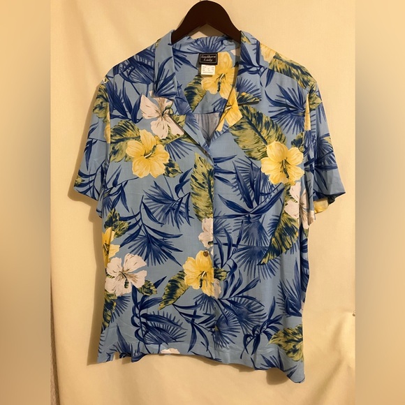 Southern Lady Tops - Southern Lady Women's Blue Floral Short Sleeve Button Up Hawaiian Shirt Size 1X
